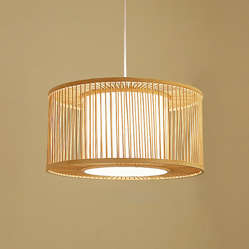 Japanese Bamboo Pendant Light Fixture 1-Light Beige Hanging Ceiling Light