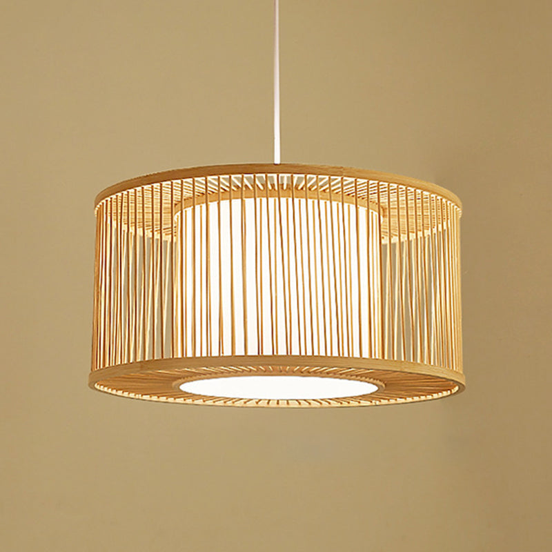 Japanese Bamboo Pendant Light Fixture 1-Light Beige Hanging Ceiling Light