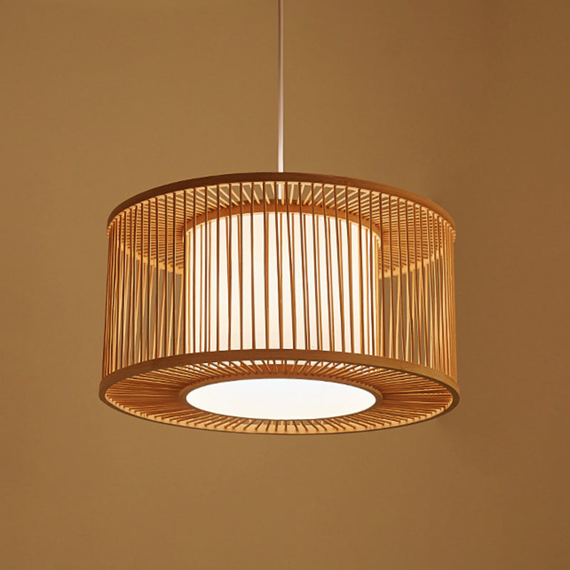 Japanese Bamboo Pendant Light Fixture 1-Light Beige Hanging Ceiling Light