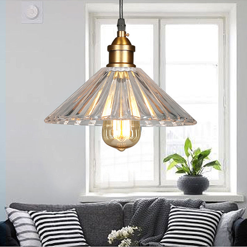 Industrial Vintage Single Pendant Light Wrought Iron Scalloped Hanging Lamp with Glass Shade