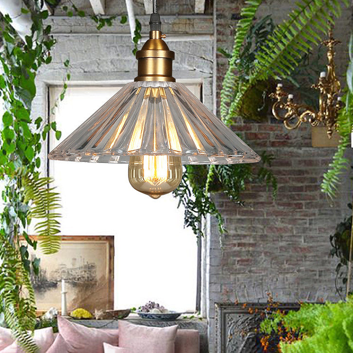 Industrial Vintage Single Pendant Light Wrought Iron Scalloped Hanging Lamp with Glass Shade