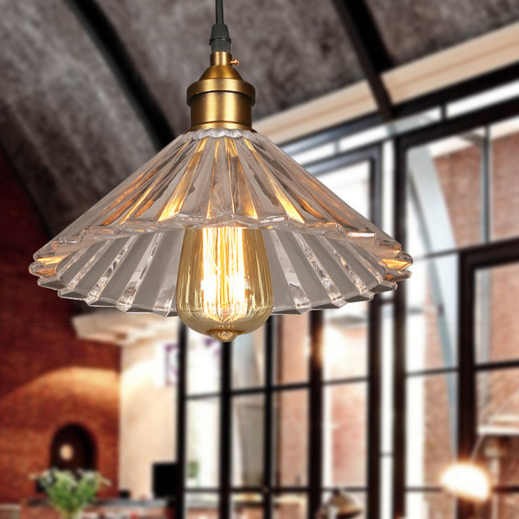 Industrial Vintage Single Pendant Light Wrought Iron Scalloped Hanging Lamp with Glass Shade