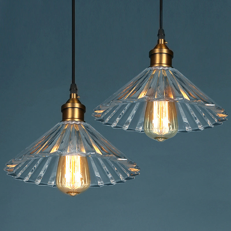 Industrial Vintage Single Pendant Light Wrought Iron Scalloped Hanging Lamp with Glass Shade