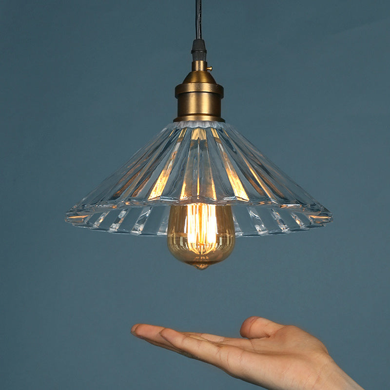 Industrial Vintage Single Pendant Light Wrought Iron Scalloped Hanging Lamp with Glass Shade