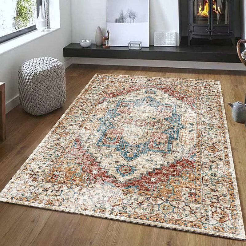 Shabby Chic Area Rug Whitewashed Medallion Pattern Rug Anti-Slip Backing Carpet for Living Room