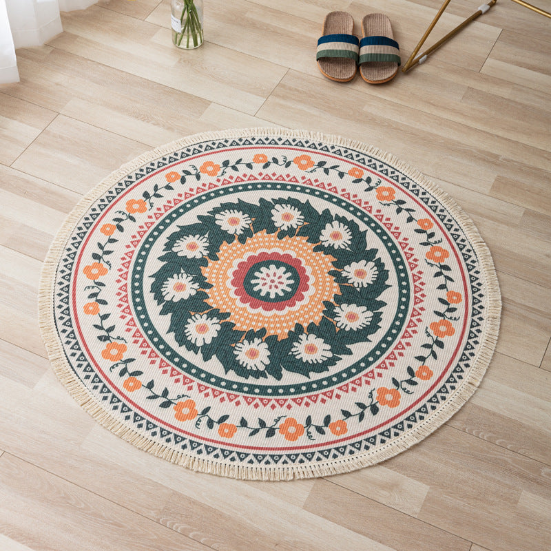 Moroccan Floral Print Rug Multi-Color Carpet with Fringe Cotton Blend Washable Rug for Home Decor