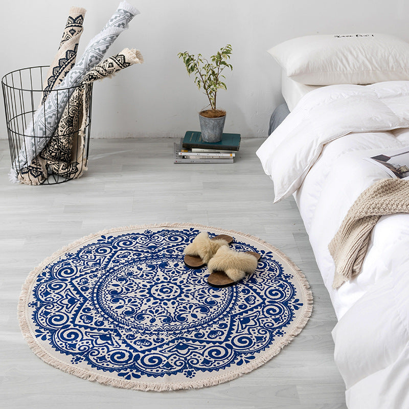 Moroccan Round Rug Hand-Knitted Area Rug with Fringe Soft Cotton Blend Carpet for Home Decor