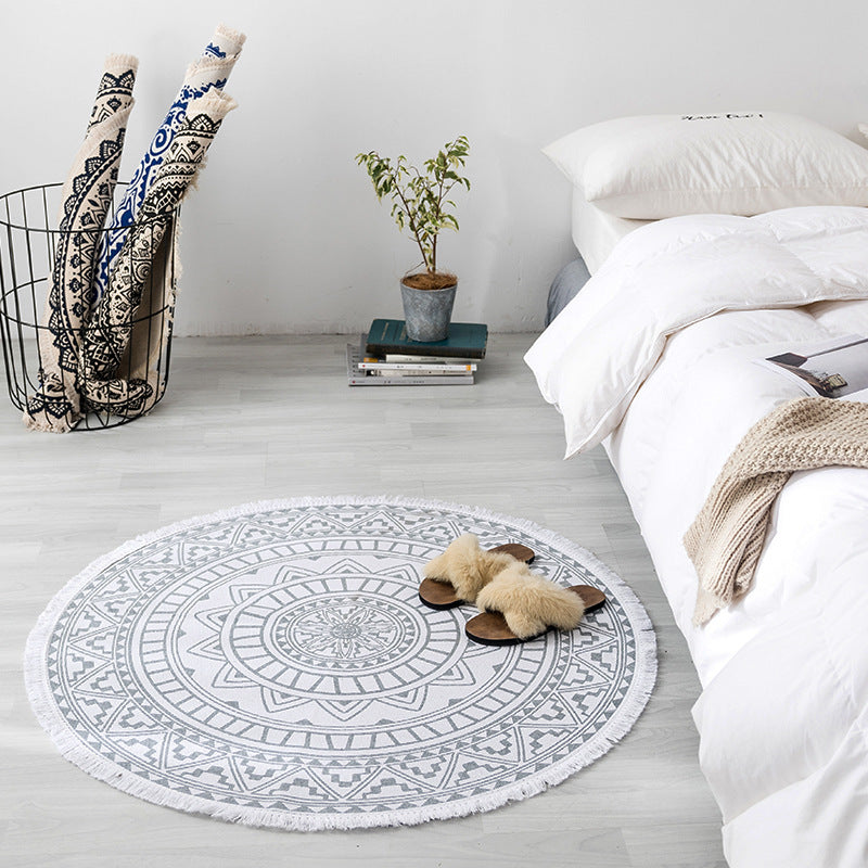 Moroccan Round Rug Hand-Knitted Area Rug with Fringe Soft Cotton Blend Carpet for Home Decor