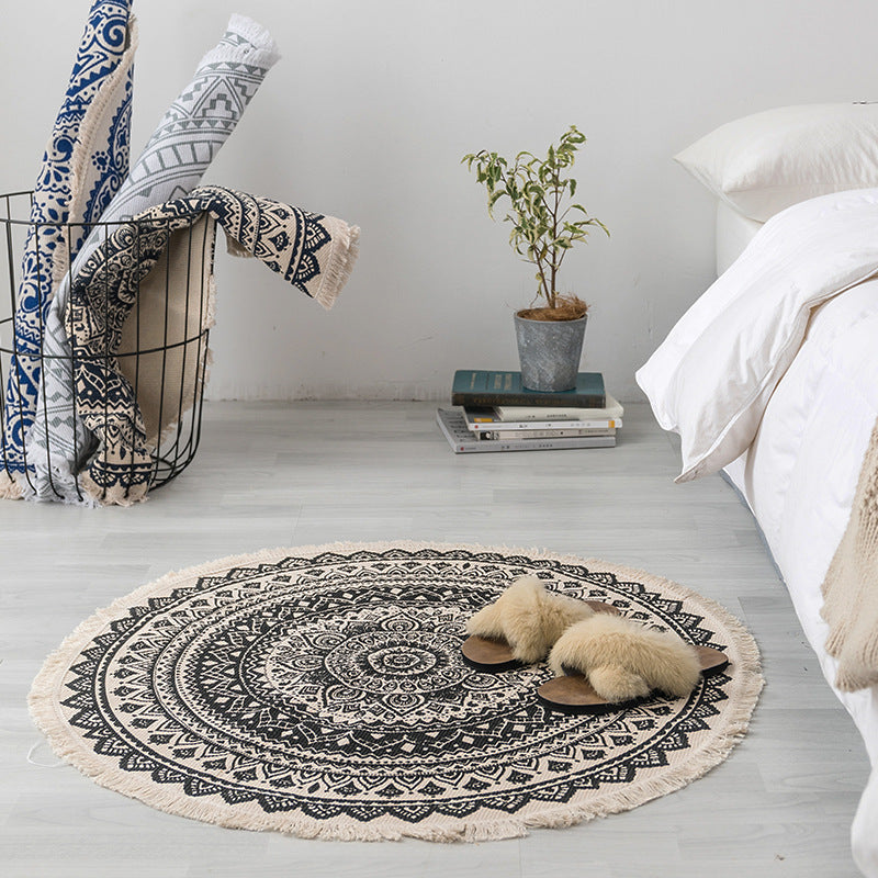 Moroccan Round Rug Hand-Knitted Area Rug with Fringe Soft Cotton Blend Carpet for Home Decor