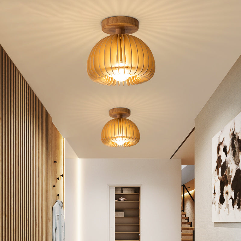 Asian Semi-Flush Ceiling Fixture 1-Light Natural Wood Semi Flush Mount Lighting for Restaurant