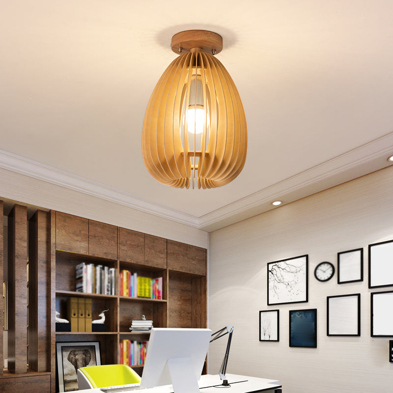 Asian Semi-Flush Ceiling Fixture 1-Light Natural Wood Semi Flush Mount Lighting for Restaurant