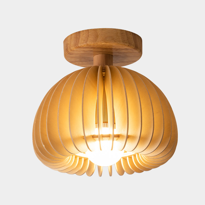 Asian Semi-Flush Ceiling Fixture 1-Light Natural Wood Semi Flush Mount Lighting for Restaurant