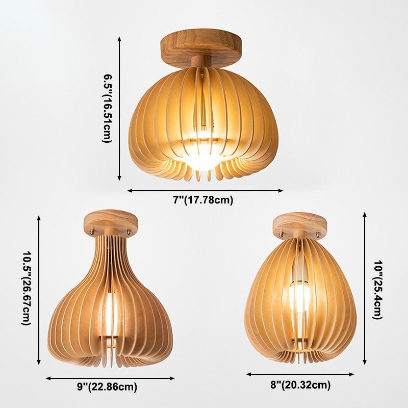 Asian Semi-Flush Ceiling Fixture 1-Light Natural Wood Semi Flush Mount Lighting for Restaurant