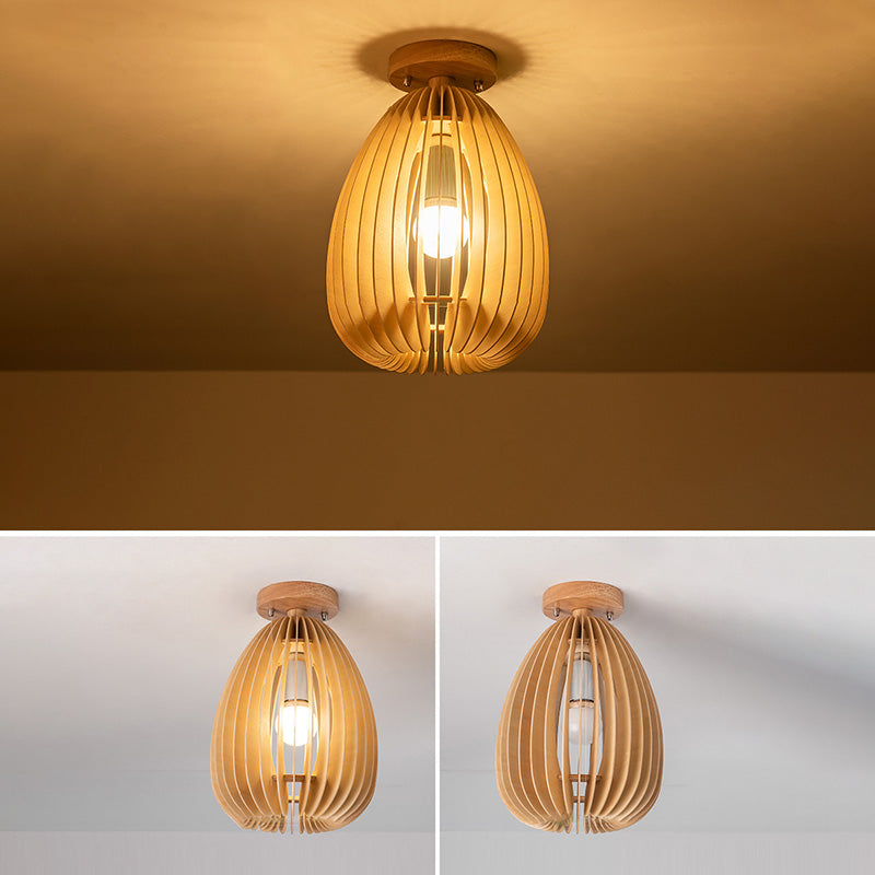 Asian Semi-Flush Ceiling Fixture 1-Light Natural Wood Semi Flush Mount Lighting for Restaurant