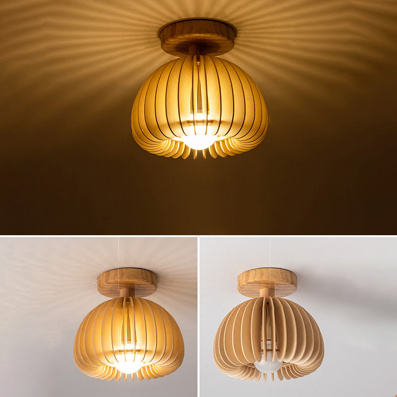 Asian Semi-Flush Ceiling Fixture 1-Light Natural Wood Semi Flush Mount Lighting for Restaurant