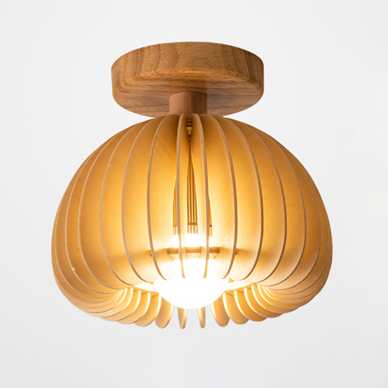 Asian Semi-Flush Ceiling Fixture 1-Light Natural Wood Semi Flush Mount Lighting for Restaurant