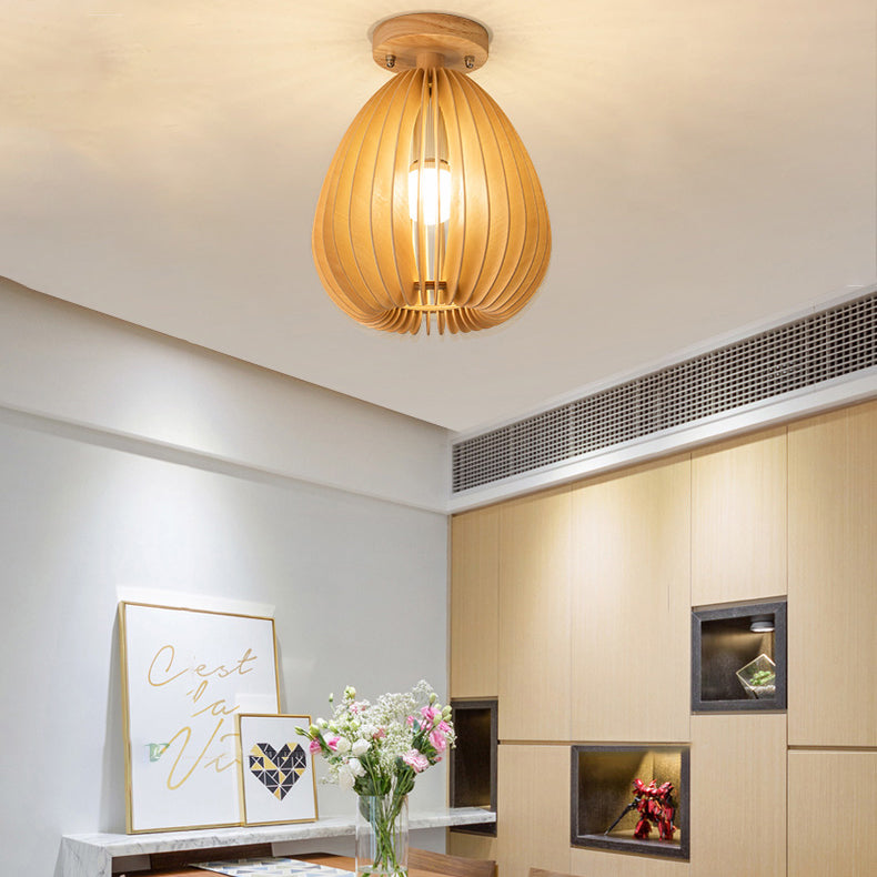 Asian Semi-Flush Ceiling Fixture 1-Light Natural Wood Semi Flush Mount Lighting for Restaurant