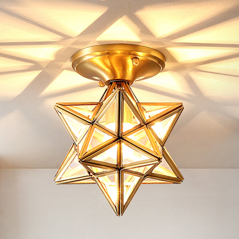 Glass and Metal Semi Flush Mount Gold 1 Light Colonial Ceiling Light for Entry