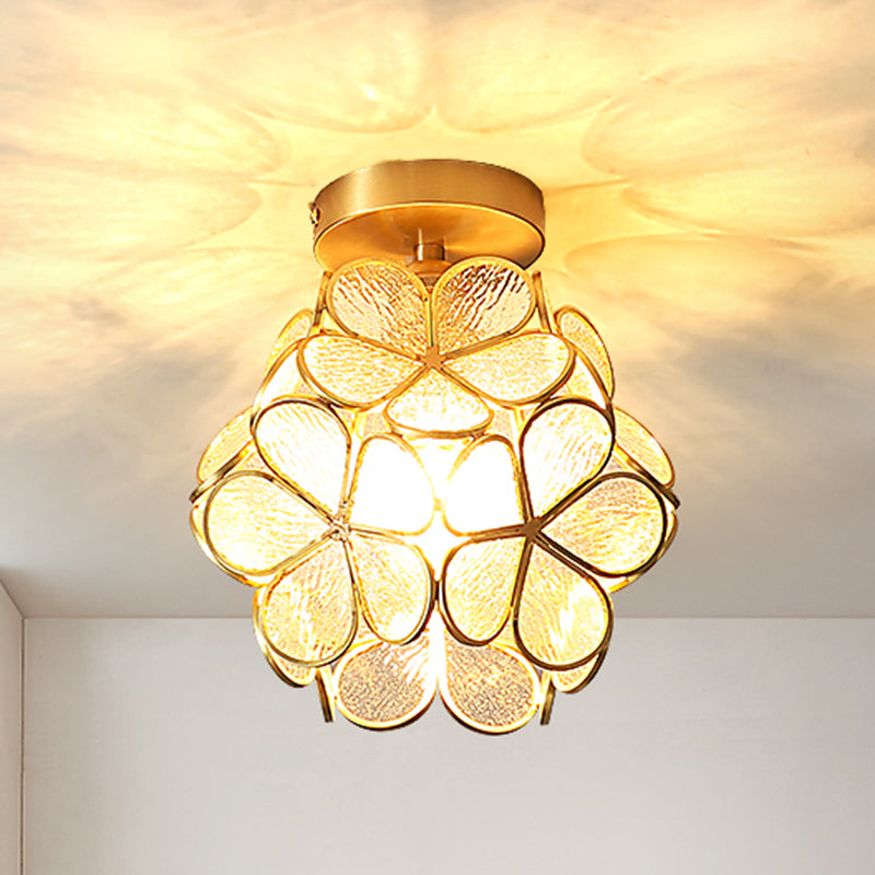 Glass and Metal Semi Flush Mount Gold 1 Light Colonial Ceiling Light for Entry