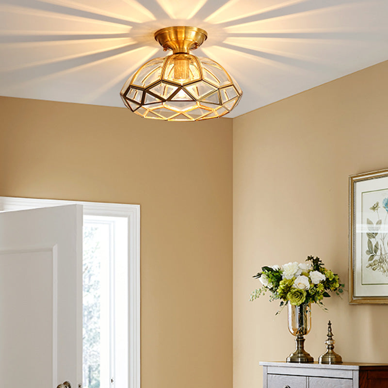 Glass and Metal Semi Flush Mount Gold 1 Light Colonial Ceiling Light for Entry