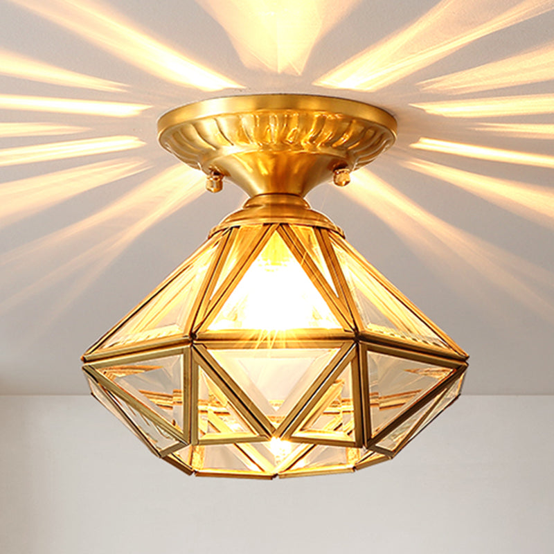 Glass and Metal Semi Flush Mount Gold 1 Light Colonial Ceiling Light for Entry