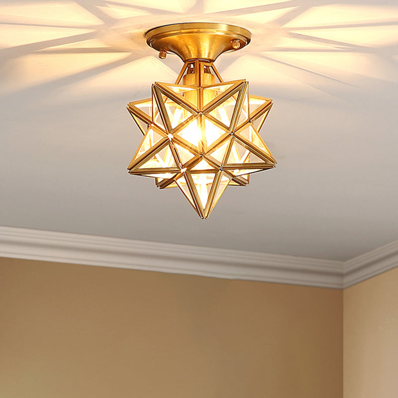 Glass and Metal Semi Flush Mount Gold 1 Light Colonial Ceiling Light for Entry