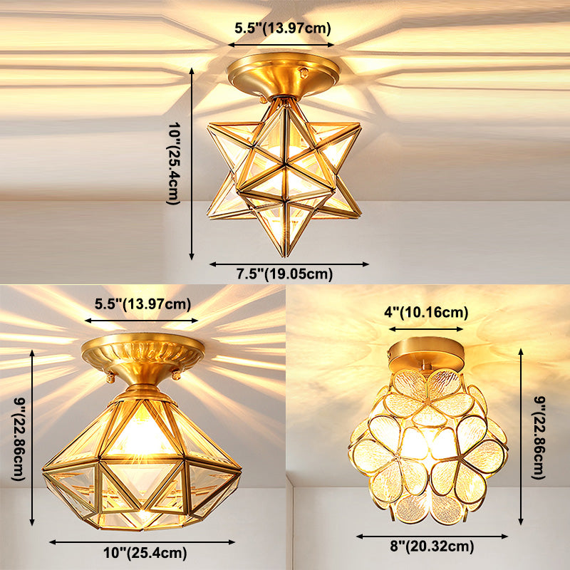 Glas und Metall Semi Flush Mount Gold 1 Leichte Kolonialdecke für den Eintritt