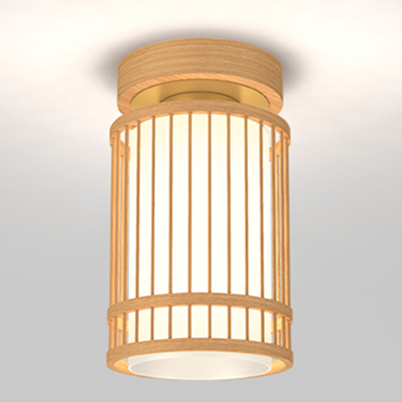 Cylinder Semi Flush Mount Lamp Asian 1-Light Natural Wood Semi Flush Mount Light with Fabric Shade