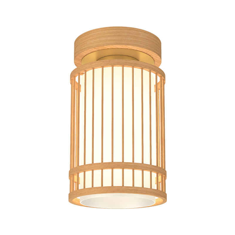 Cylinder Semi Flush Mount Lamp Asian 1-Light Natural Wood Semi Flush Mount Light with Fabric Shade