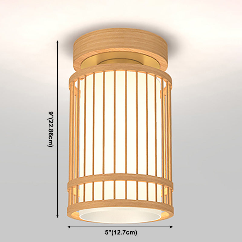 Cilinder Semi Flush Mount Lamp Aziatische 1-licht Natuurlijk hout Semi Flush Mount Light met stofschaduw