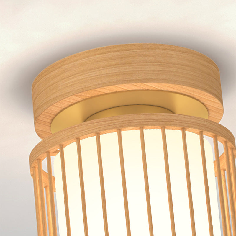 Cylinder Semi Flush Mount Lamp Asian 1-Light Natural Wood Semi Flush Mount Light with Fabric Shade