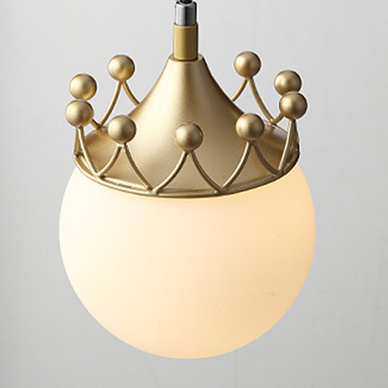 1-Light Luxury Style Hanging Light, White Glass Globe Pendant Light Fixture with Crown