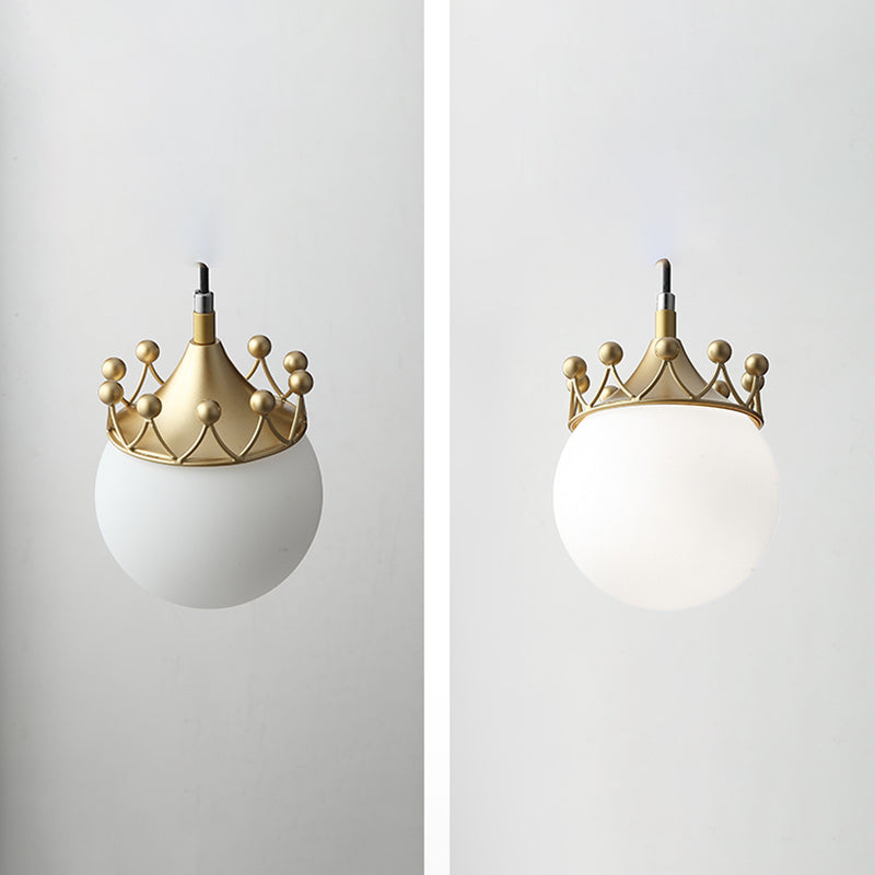 1-Light Luxury Style Hanging Light, White Glass Globe Pendant Light Fixture with Crown