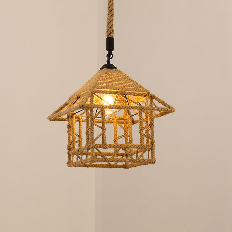 Industrial Style Shaded Pendant Ceiling Light Rope Hanging Ceiling Light in Beige