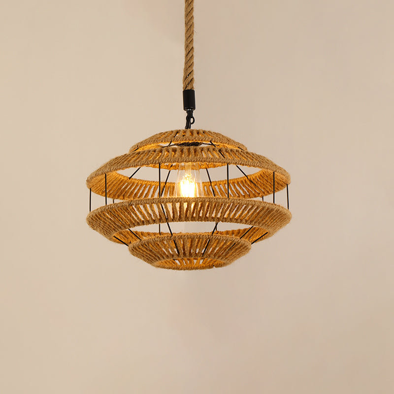 Industrial Style Shaded Pendant Ceiling Light Rope Hanging Ceiling Light in Beige