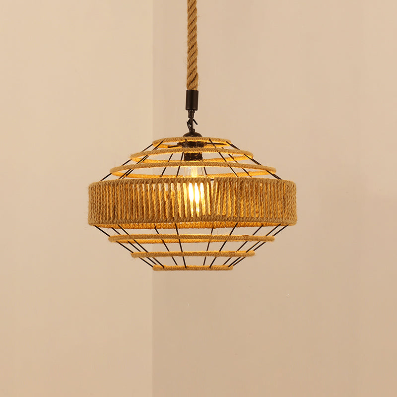 Industrial Style Shaded Pendant Ceiling Light Rope Hanging Ceiling Light in Beige