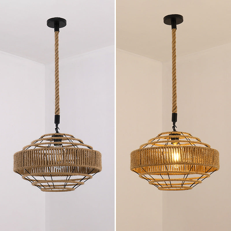 Industrial Style Shaded Pendant Ceiling Light Rope Hanging Ceiling Light in Beige