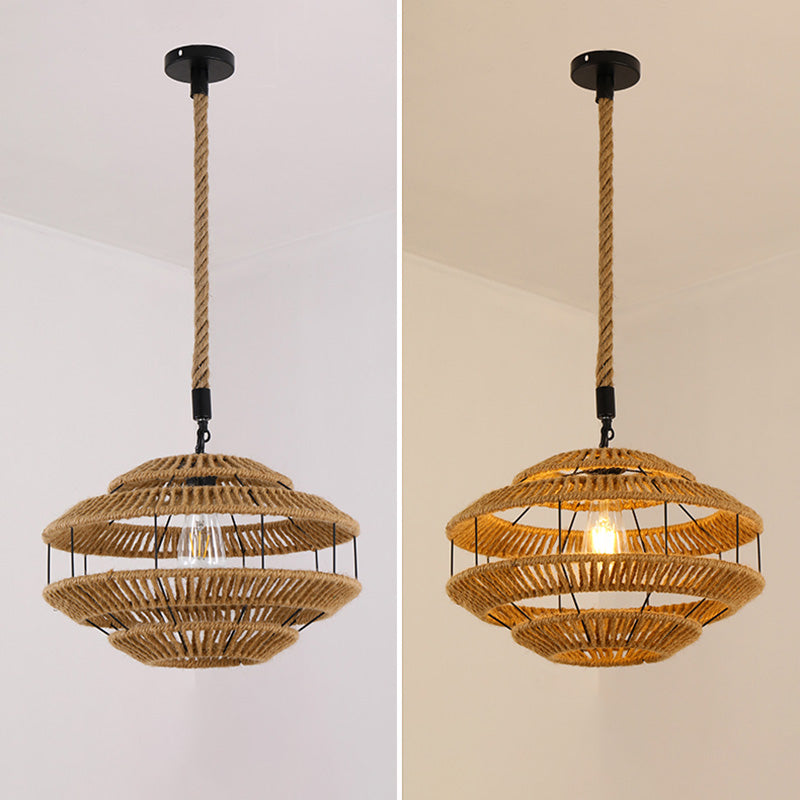 Industrial Style Shaded Pendant Ceiling Light Rope Hanging Ceiling Light in Beige