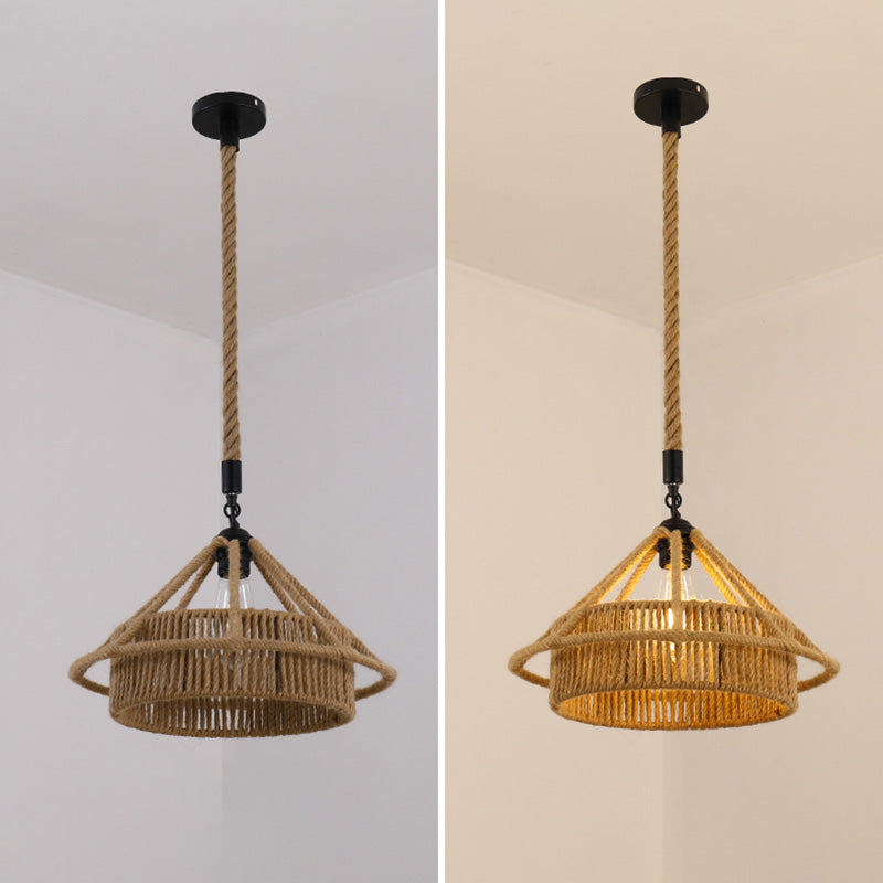 Industrial Style Shaded Pendant Ceiling Light Rope Hanging Ceiling Light in Beige