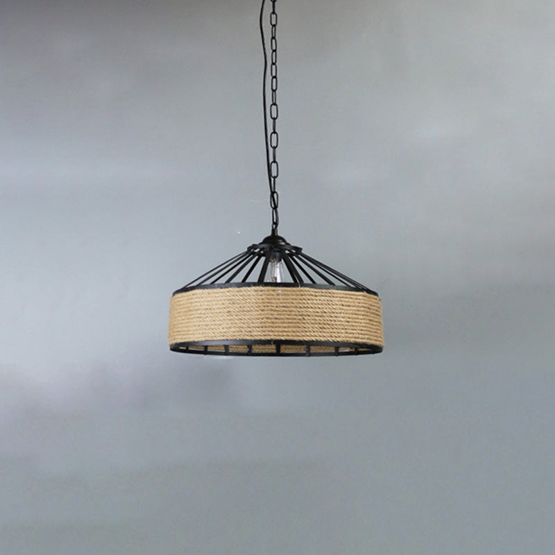 Rope Beige Ceiling Pendant Light Drum Industrial Style Commercial Pendant Lighting