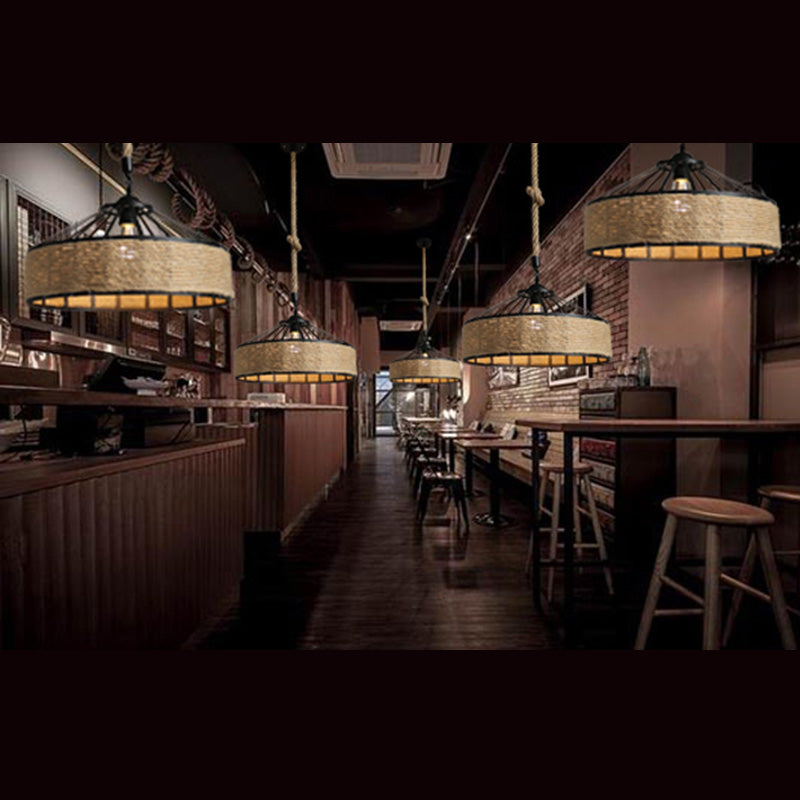 Rope Beige Ceiling Pendant Light Drum Industrial Style Commercial Pendant Lighting