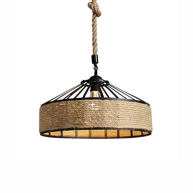 Rope Beige Ceiling Pendant Light Drum Industrial Style Commercial Pendant Lighting