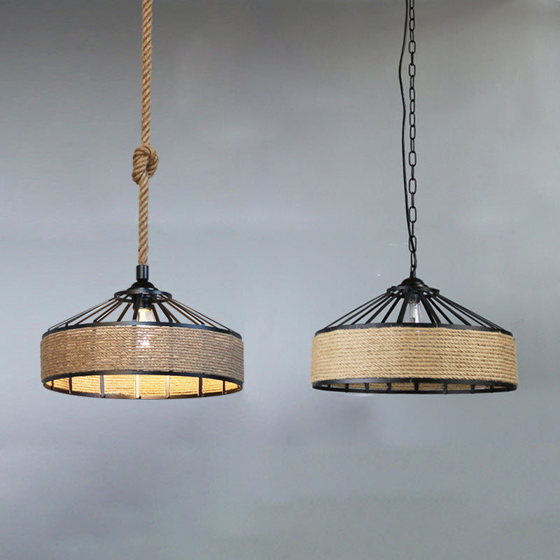 Rope Beige Ceiling Pendant Light Drum Industrial Style Commercial Pendant Lighting