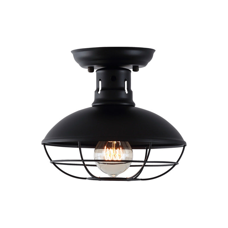 1 Light Round Shade Semi Flush Mount Light Industrial Iron Ceiling Lamp for Kitchen Hallway