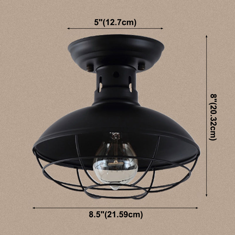 1 Light Round Shade Semi Flush Mount Light Industrial Iron Ceiling Lamp for Kitchen Hallway