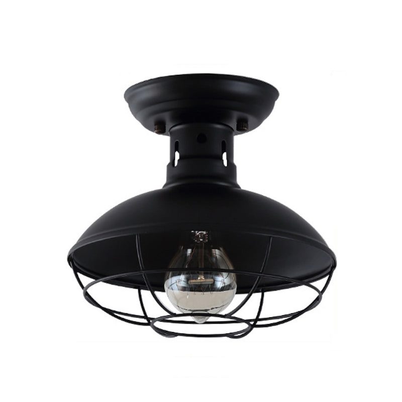 1 Light Round Shade Semi Flush Mount Light Industrial Iron Ceiling Lamp for Kitchen Hallway