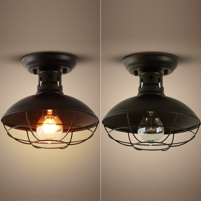 1 Light Round Shade Semi Flush Mount Light Industrial Iron Ceiling Lamp for Kitchen Hallway