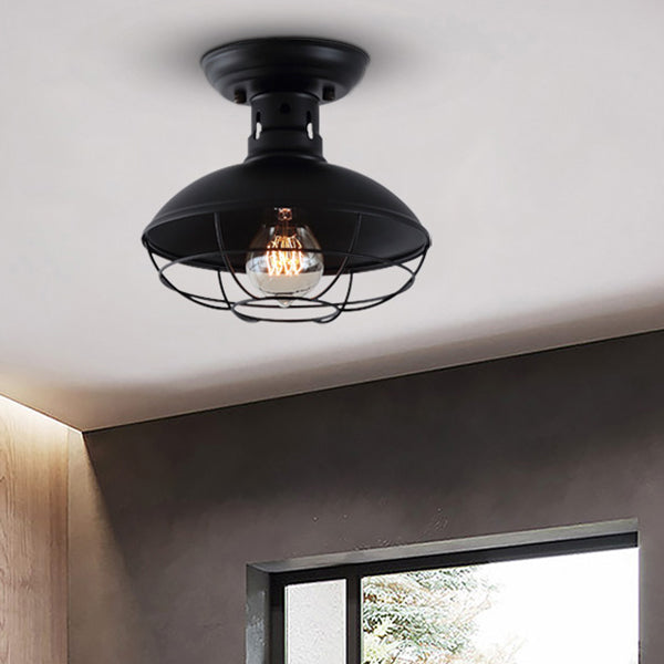 1 Light Round Shade Semi Flush Mount Light Industrial Iron Ceiling Lamp for Kitchen Hallway