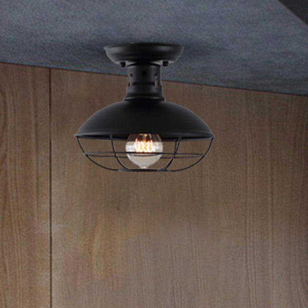 1 Light Round Shade Semi Flush Mount Light Industrial Iron Ceiling Lamp for Kitchen Hallway