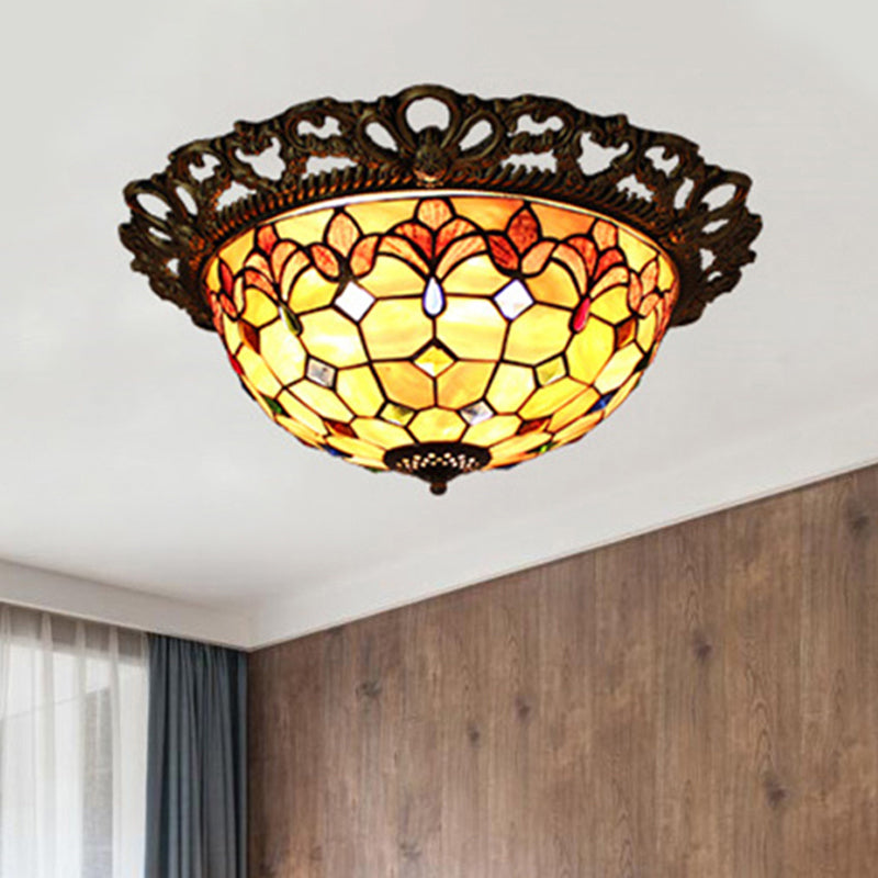 Beaded Flush Light Mediterranean Shell 3 Lights Brass Flushmount Lighting for Bedroom